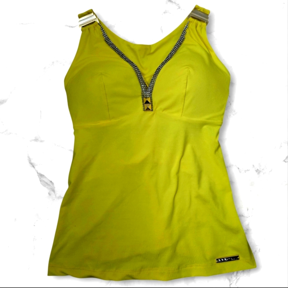 Pit Bull Jeans Yellow Rhinestone Cami Top w/built in bra cups